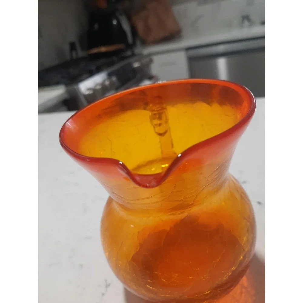 Vintage BLENKO Crackle Hand Blown Art Glass Tangerine/ Amberina Pitcher w Handle